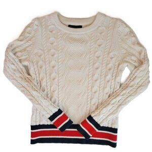 Banana Republic Cable Knit Sweater Crew Neck White W/ Blue & Red Strip Size XS